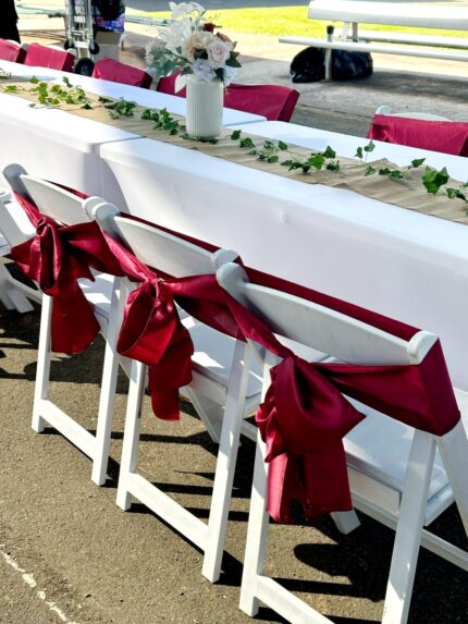 Chair sash hire in Australia for weddings, parties & corporate events. Elegant fabric sashes with delivery, setup & customizable colors available.
